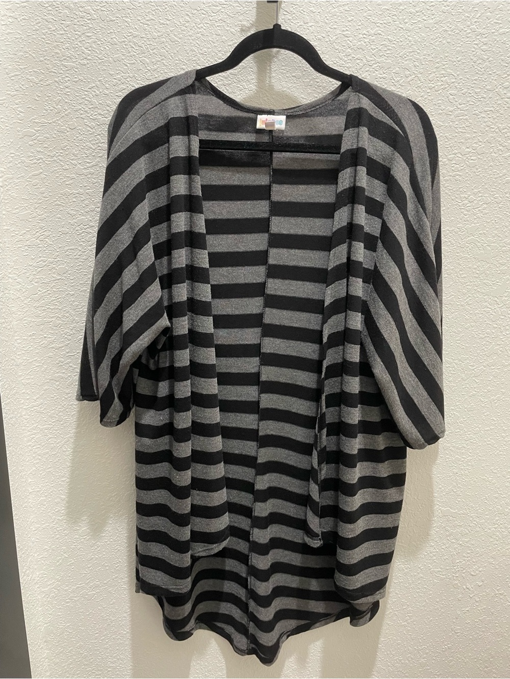 LuLaRoe “Lindsay” Black and Gray Striped Open-Front Waterfall Cardigan